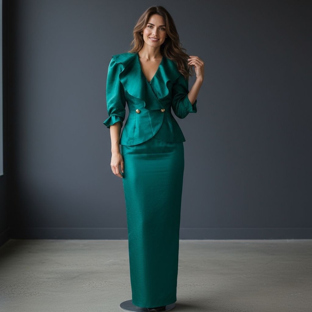 Vintage Watters & Watters 4 Emerald Moiré Ruffle Blazer Maxi‎ Skirt Set USA Gala